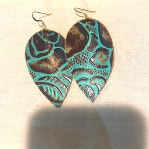 Turquoise leather leaf earrings
